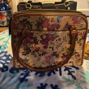 Patricia Nash Floral Leather Satchel - Cream and Brown